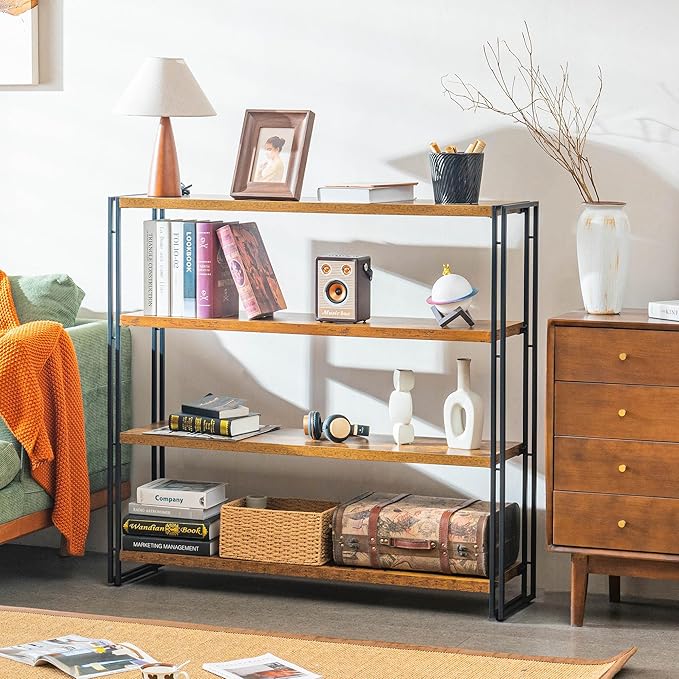 Bookshelf, 4 Tier Tall Bookcase, Industrial Book Shelf for Living Room, Home Office, Kitchen, Rustic Brown