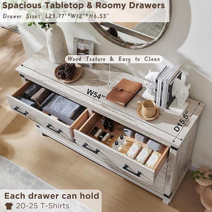 T4TREAM Farmhouse 6 Drawers Dresser for Bedroom, 54" Wide Wood Chest of Drawers w/Natural Texture & Metal Handle, Rustic Storage Dressers Organizer for Living Room, Hallway, Antique Brush White