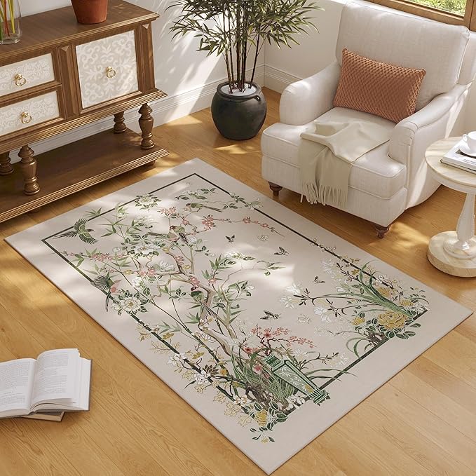 3x5 Washable Rug Chinoiserie-Style Floral Vintage Area Rug Non Slip Low Pile Small Carpet for Bedroom, Bedside, Kitchen, Entryway, Kids Room, Office, Beige
