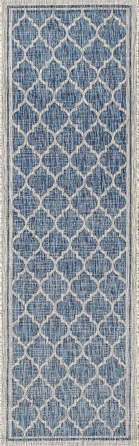 Eyely BMS109D-28 Santa Monica Trebol Moroccan Trellis Textured Weave Indoor/Outdoor Runner Rug Coastal;Bohemian, Bedroom, Backyard, Patio, Easy-Cleaning, Non-Shedding, 2 X 8, Navy/Gray