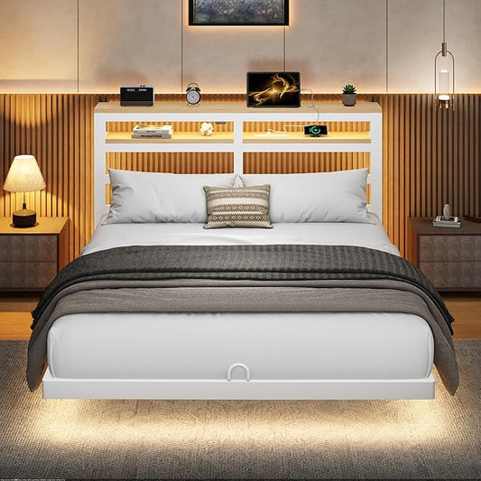 Floating Bed Frame Queen with LED Lights &USB Charging Station – Modern Platform Bed with 2 Tier Storage Headboard, Metal Slat Support, No Box Spring,Easy Assembly, Noise-Free, White