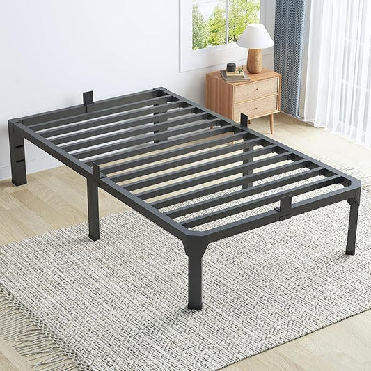 Twin Bed Frame with Mattress Slide Stopper, 18 Inch Metal Platform Bed Frame, Heavy Duty Tall Bed Frame No Box Spring Needed with Large Storage Space, Easy Assembly, Noise Free