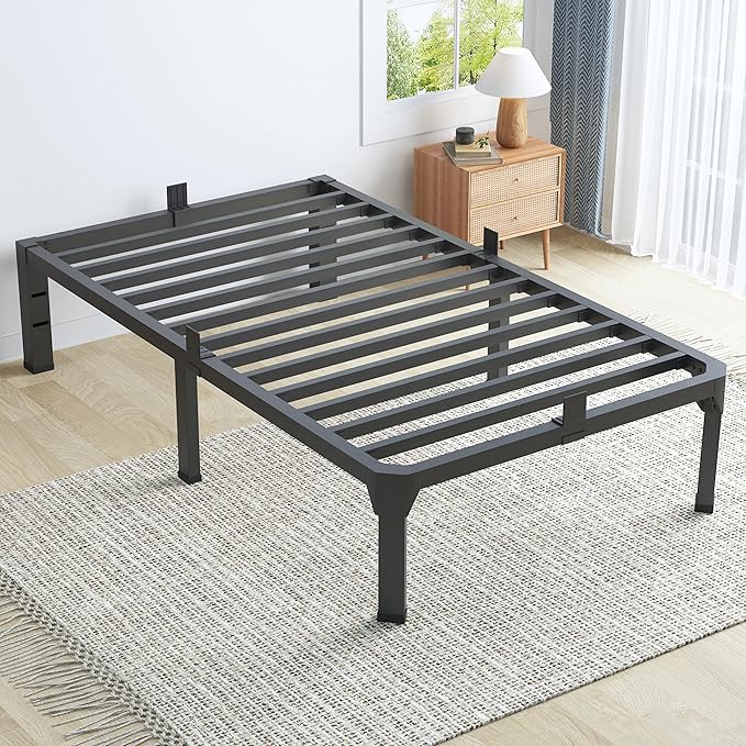 Twin Bed Frame with Mattress Slide Stopper, 14 Inch Metal Platform Bed Frame, Heavy Duty Tall Bed Frame No Box Spring Needed with Large Storage Space, Easy Assembly, Noise Free