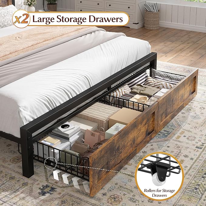 EnHomee Full Size Bed Frame with Headboard and Storage, 2 Drawers & LED Light Built in Charging Station,NO Noise,No Box Spring Needed,Brown