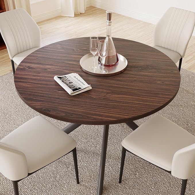 45.3'' Walnut Round Dining Table Set for 4, Mid Century Modern Small Coffee Set for Dining Room Kitchen Apartment (Walnut Table + 4 White Chairs)