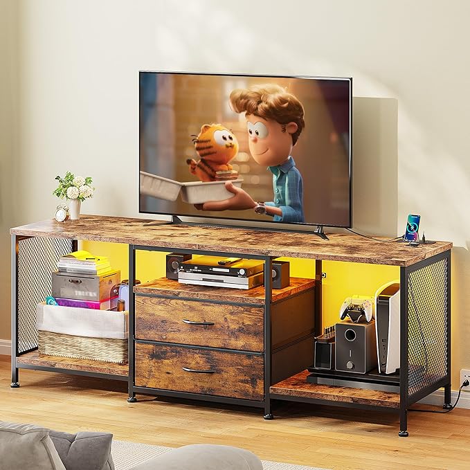 55" W TV Stand for Bedroom with LED Lights & Power Outlets Dresser TV Stand with 2 Drawers for 65" TV with Open Storage Shelves
