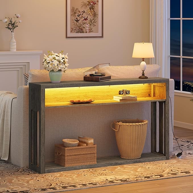 FAVOOSTY Farmhouse Console Table with Storage, 47" 2-Tier Entryway Sofa Table with Led Light Behind Couch Table Hallway Stand for Living Room, Hallway, Foyer - Gray