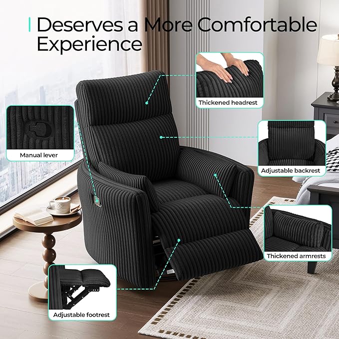 LINSY 360 Swivel Recliner Chair - Corduroy Nursery Glider Rocking Chair with 2 Pillows, Comfy High Back Adult Recliner for Small Spaces, Nursery Bedroom Living Room Reclining (Black)