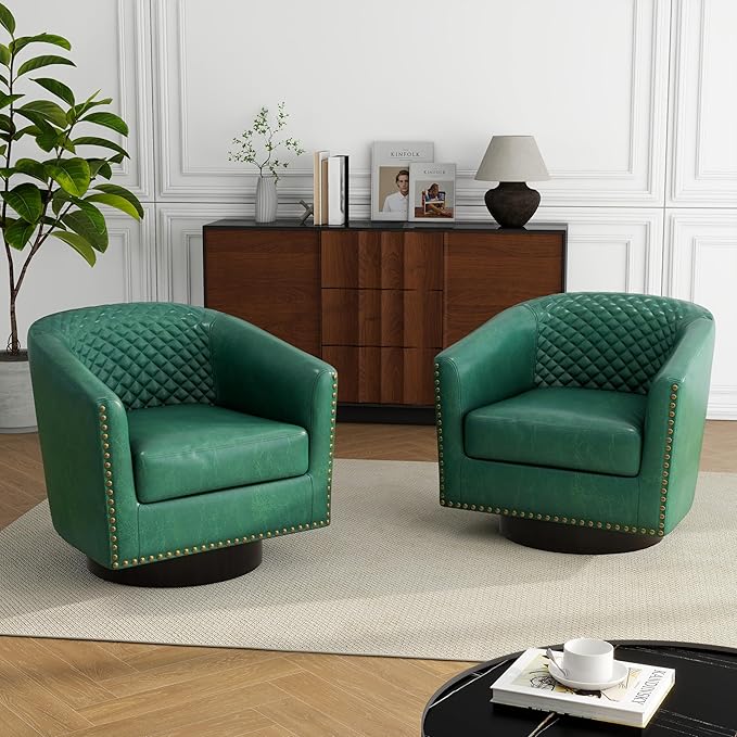 Swivel Barrel Accent Chair, Comfy Modern Upholstered Round Faux Leather Arm Chair for Living Room, Bedroom（Green, Set of 4