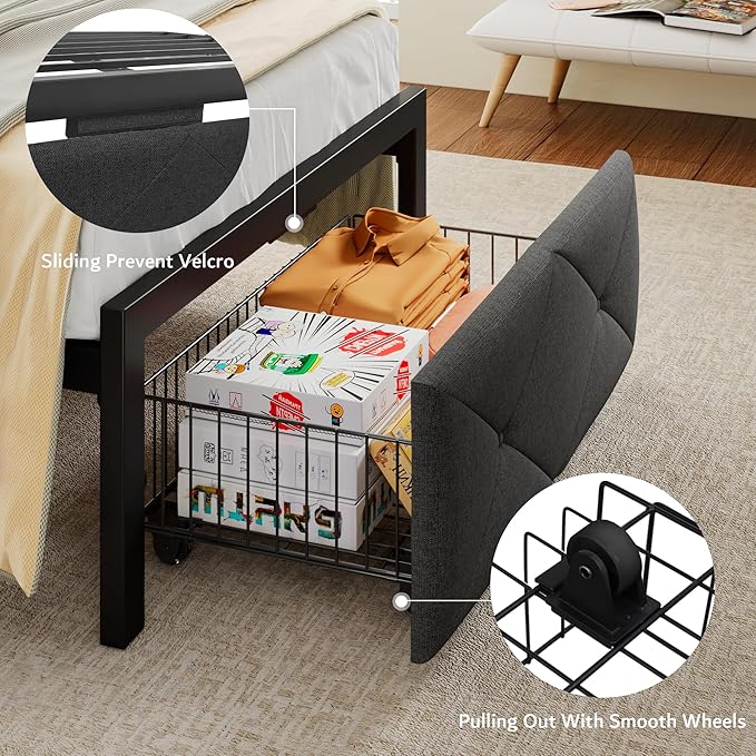 iPormis Twin Bed Frame with Storage Drawers, Linen Upholstered Headboard Platform Bed with Charging Station, No Box Spring Needed, Metal Slats Support, Noise-Free, Easy Assembly, Grey