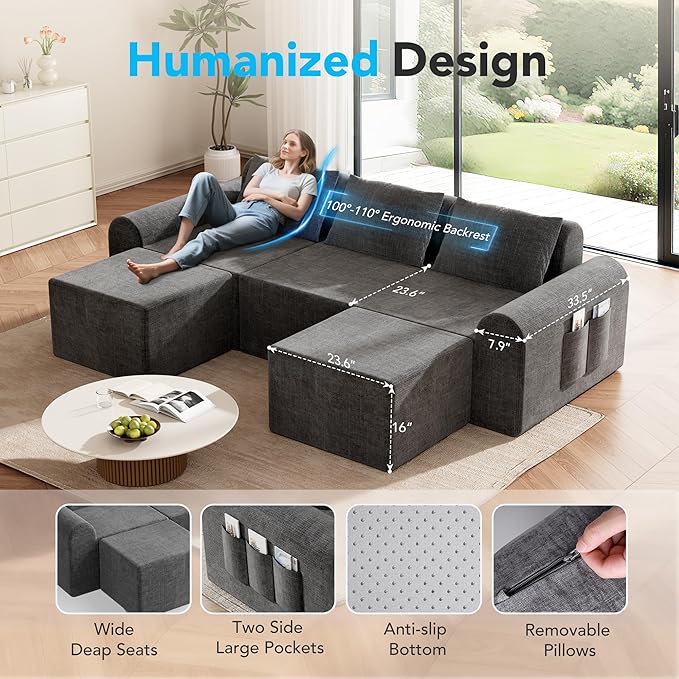 Cloud Sectional Couch with 2 Ottomans & 3 Pillows, Boneless Couches for Living Room, U Shaped Sectional Sofa Deep Seat Comfy Couch for Small Spaces, No Assembly Required, 72h to Restore
