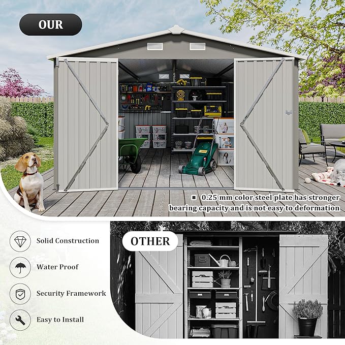 10 x 14 FT Outdoor Storage Shed, Metal Garden Tool Shed with Slooping Roof, Lockable Doors, All-Weather Bike Shed Easy to Assemble for Backyard, Patio, Lawn, Grey