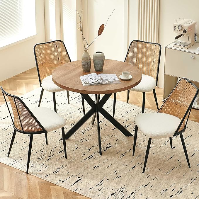 Rattan Dining Chairs Set of 4, Modern Mid Century Dining Chairs Upholstered Kitchen Chairs Boucle Stylish Cane Chairs with Metal Legs for Apartment, Dining Room