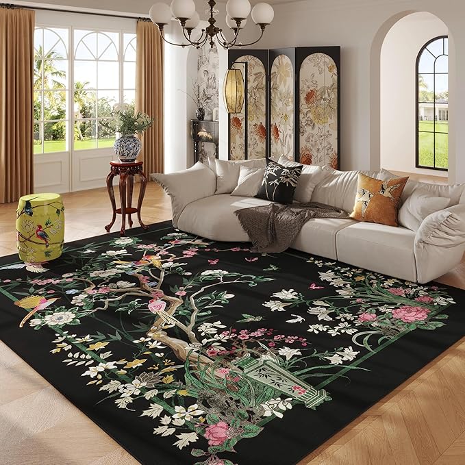 Area Rugs 8x10 Clearance Chinoiserie-Style Floral Vintage Machine Washable Non Slip Low Pile Large Rug for Bedroom, Farmhouse, Dining Room, Kids Playroom, Black