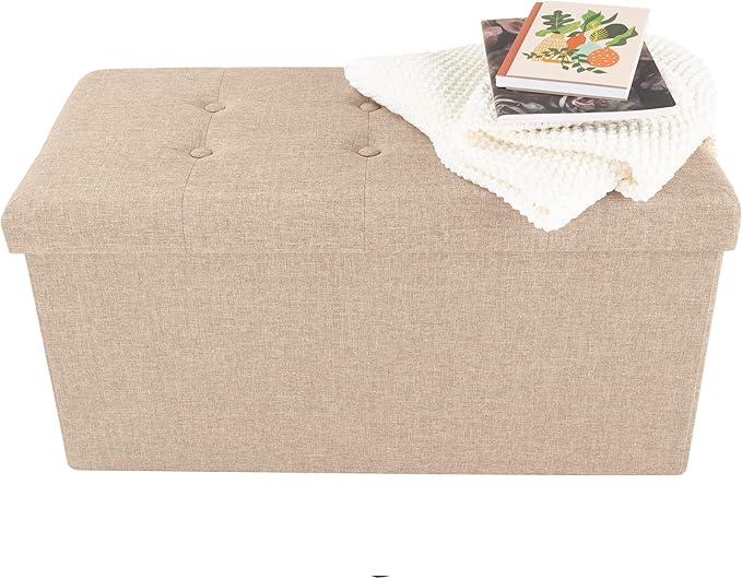 Folding Storage Ottoman - 30-Inch Tufted Footrest, Linen Chest, or Bench with Removable Bin for Living Room, Bedroom, or Dorm by Lavish Home (Beige)