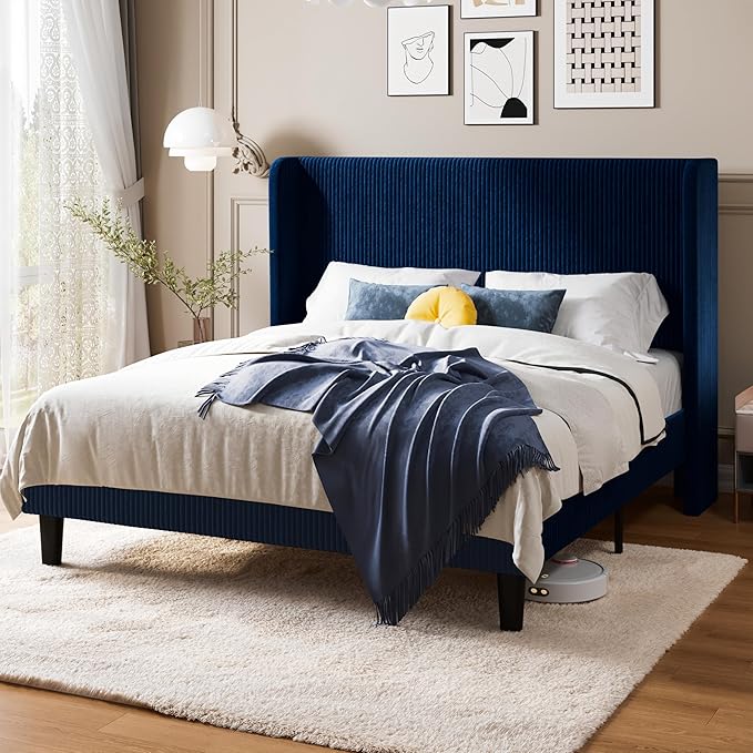Allewie Queen Size Bed Frame with Upholstered Wingback Headboard, Vertical Channel Tufted Corduroy Velvet Platform Bed, Strong Wooden Slats Support, No Box Spring Needed, Easy Assembly, Dark Blue