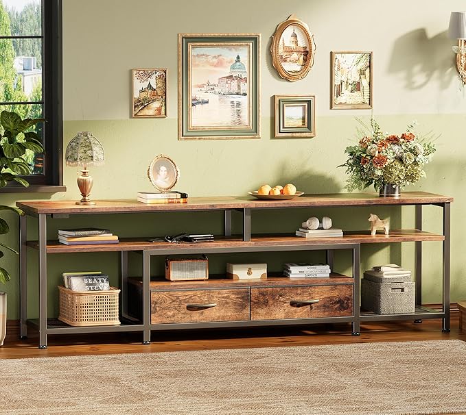 Huuger TV Stand for 65, 70 Inch TV, Entertainment Center with Power Outlets and LED Lights, TV Console for Living Room, Media Console with Drawers and Shelves, Rustic Brown