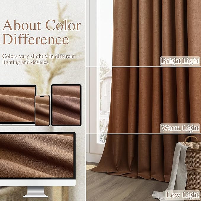 Guken 100% Blackout Linen Curtains 120 Inch Length 2 Panels Set for Living Room Bedroom Back Tab Thermal Insulated Black Out Linen Drapes Room Darkening Window Curtains,Caramel Brown