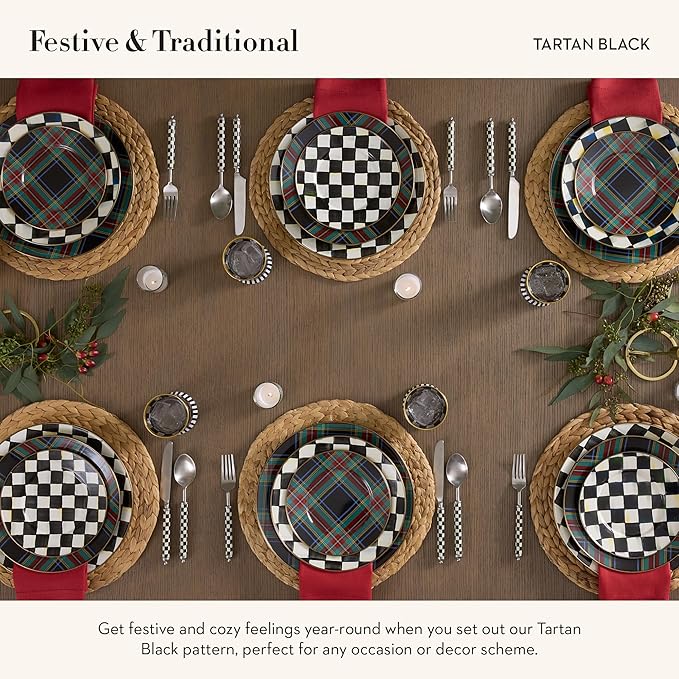 MACKENZIE-CHILDS Enamel Dinner Plate, Decorative Dinnerware Plate, 10 Inches, Black Tartan