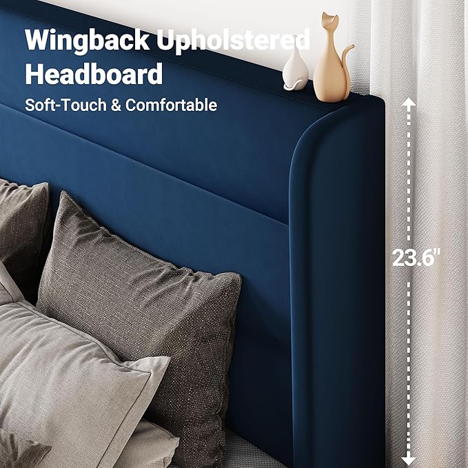 Allewie Queen Size Platform Bed Frame with Velvet Upholstered Wingback Headboard, No Box Spring Needed, Under Bed Storage Space, Wooden Slats, Modern Mattress Foundation, Easy Assembly, Blue