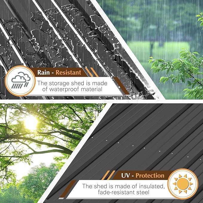 GUNJI 10 x 8 FT Shed Outdoor Storage Shed Metal Garden Shed with Lockable Door Outside Waterproof Tool Shed for Backyard, Patio, Lawn (Brown)