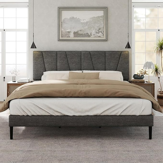 King Size Bed Frame with Fabric Upholstered Headboard, Platform Bed with Wooden Slats Support, Fully Mattress Foundation, Box Spring Optional, Easy Assembly