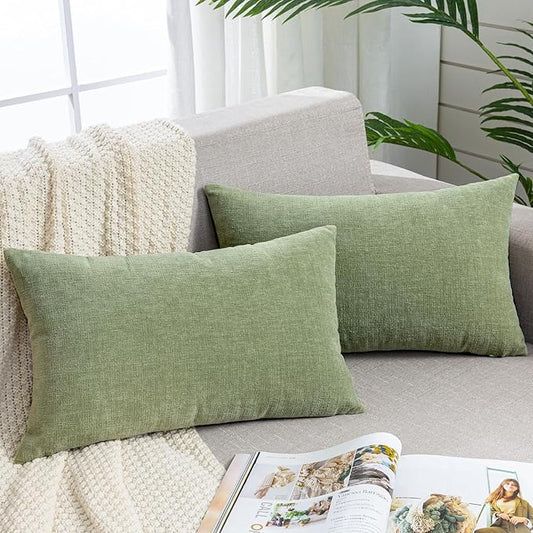 GAWAMAY Lumbar Decorative Rectangle Throw Pillow Covers 12"x20" Inch Set of 2, Super Soft Chenille Throw Pillowcase for Sofa Living Room Bedroom Couch Cushion Cover Sage Green 30x50cm (ONLY Covers)