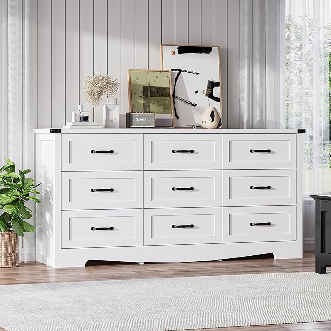 White Dresser for Bedroom, 59'' Wide Wooden Chest of Drawers with Natural Wood Texture, 9 Drawer Dresser for Closet with Metal Handles, Sleek Storage Solution for Living Room, Office, Hallway