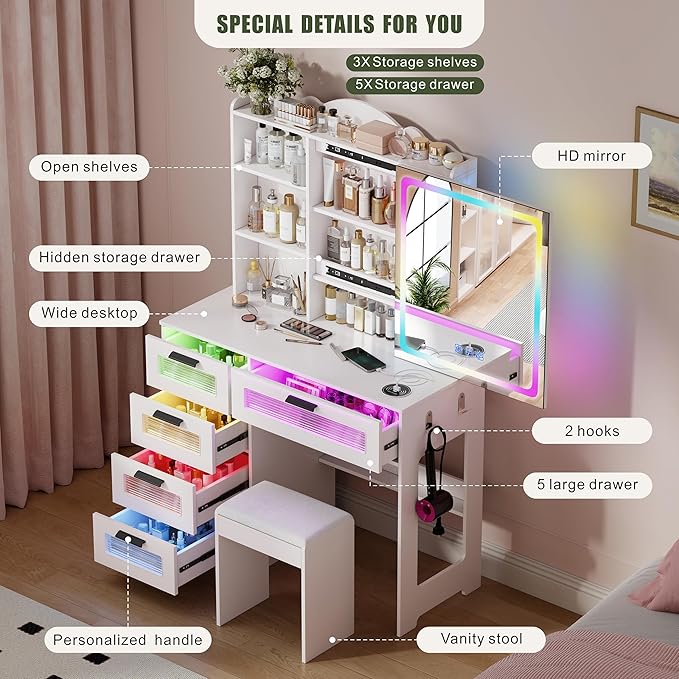 Vanity Desk with Sliding Vanity Mirror and RGB Lights,Makeup Vanity Desk with Charging Station,LED Vanity Table with Hidden Storage,Dressing Table Set with Stool&5 Drawers for Bedroom,White