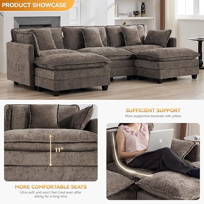 111'' Sectional Cloud Deep Seat Couch, Oversized Chenille U Shaped Sectional Sofa for Living Room Set, Comfy Upholstered Modular 3-Seats Sectional Sofa Couch with 2 Movable Ottoman, Brown