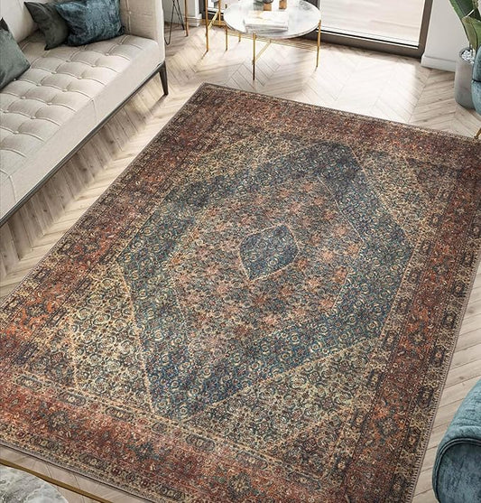 Keen Home Design 5x7 Rug - Machine Washable Area Rug with Non-Slip Backing, Ideal for Living Room, Dining Room, Bedroom - Vintage, Easy Clean, Durable, Low Pile Rug - (5' x 7')