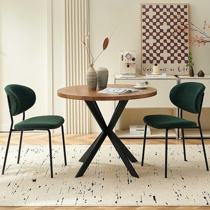 3-Piece Kitchen Table and Chairs Set,37" Round MDF Living Coffee Table with 2 Seated Green Boucle Dining Chairs Upholstered, Open-Back Living Room Chairs for Restaurant, Home, Coffe Shop