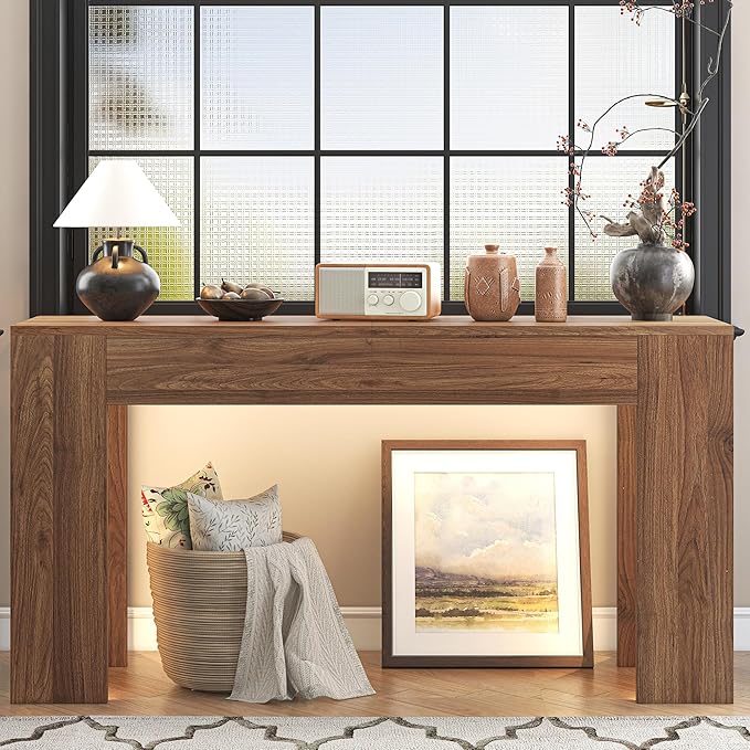 63-Inch Long Console Table with LED Light, Farmhouse Sofa Table Behind Couch, Wooden Console Table for Entryway, Hallway, Entrance, Living Room