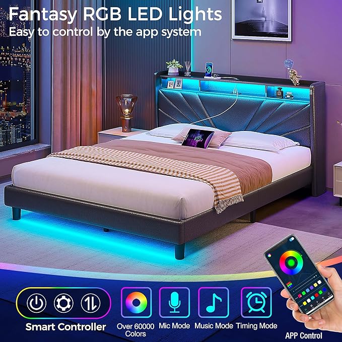 Rolanstar Full Size Bed Frame, Storage Headboard with Charging Station and LED Lights, Upholstered Bed with Heavy Duty Wood Slats, No Box Spring Needed, Noise Free, Easy Assembly, Black