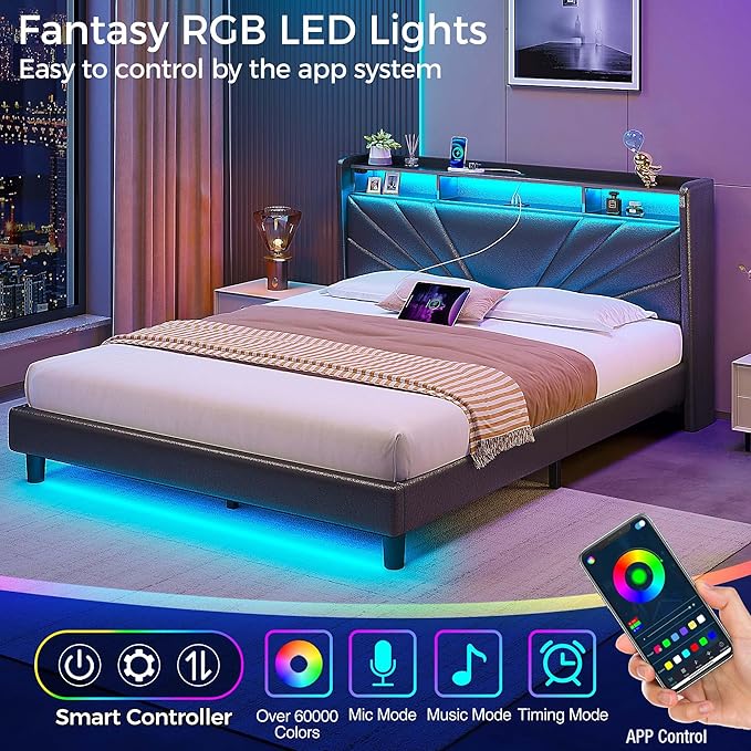 Rolanstar Queen Size Bed Frame, Storage Headboard with Charging Station and LED Lights, Upholstered Bed with Heavy Duty Wood Slats, No Box Spring Needed, Noise Free, Easy Assembly, Black