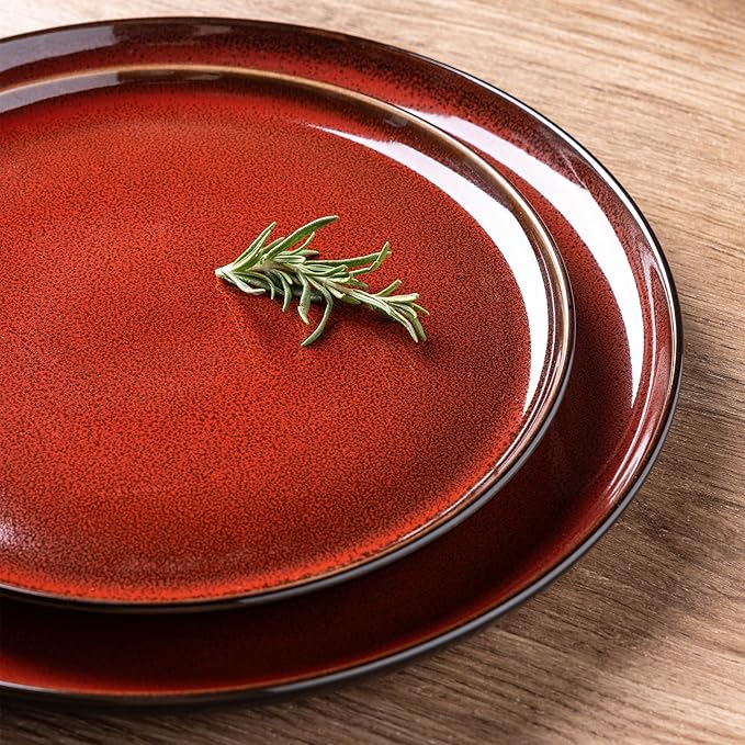 LERATIO Ceramic Dinnerware Sets for 8,Plates and Bowls Sets,Handmade Reactive Glaze Dishes Set,Highly Chip and Crack Resistant | Dishwasher & Microwave & Oven Safe Dishes set,Service for 8-Red(24pc)