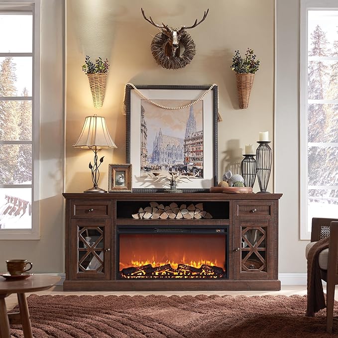 Farmhouse Fireplace TV Stand with 36" Electric Fireplace for 80 Inch TVs, 31" Tall Entertainment Center w/Drawer & Diamond Panel Door, Highboy Media Console for Living Room, 70inch, Brown