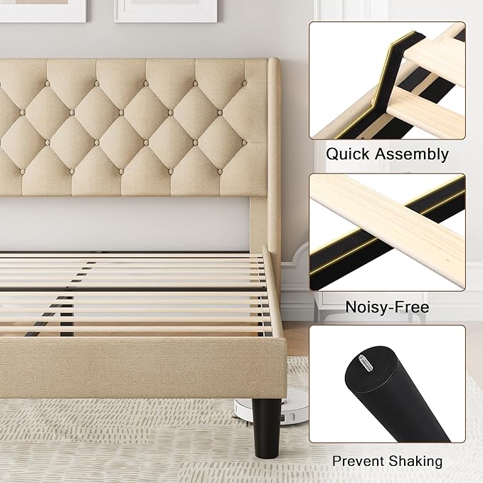 Queen Size Upholstered Bed Frame with Wingback Headboard, Fabric Linen Platform Bed, 8" Under Bed Storage, Wooden and Metal Slats Support, Noise Free, No Box Spring Needed, Beige