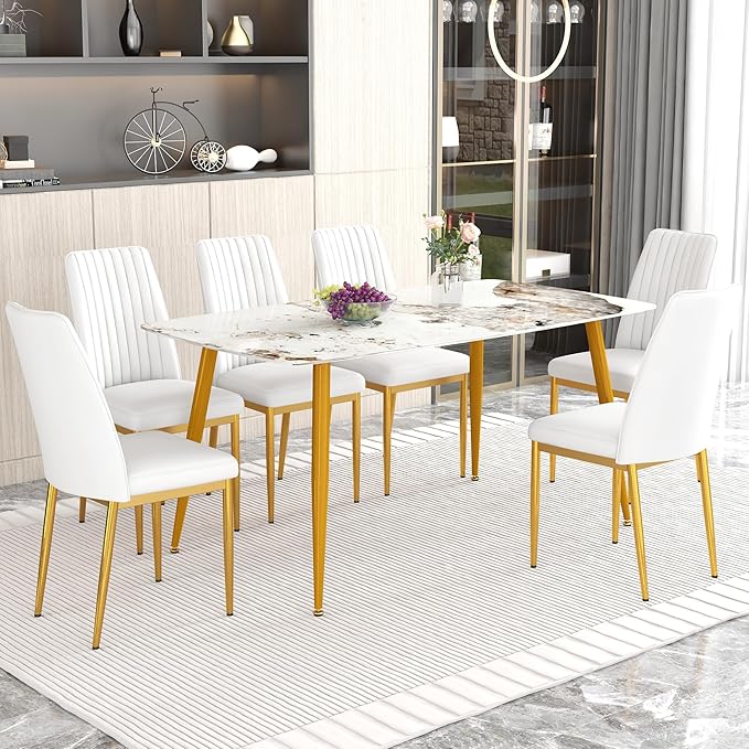 62" Marble Dining Room Table Set for 6 Rectangle Modern Dinner Table with Sintered Stone Top Golden Metal Legs Kitchen Table Chair Set for Dining Room (62" Golden+6White Chairs)