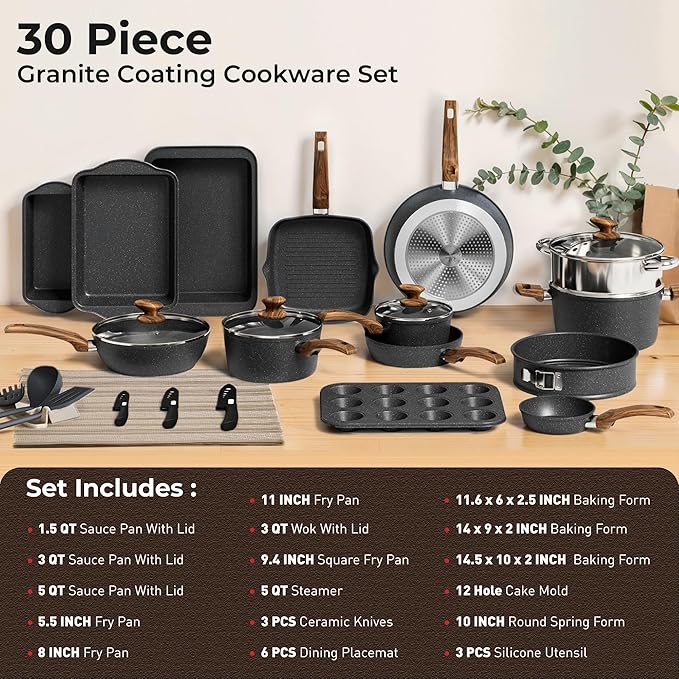 30 Piece Pots and Pans Set Non Stick, Granite Induction Cookware Sets, Nonstick Kitchen Cookware Sets, Non Toxic Cookware Set with Frying Pans and Saucepan, Kitchen Pots and Pans Set, Black