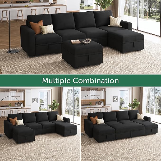 HONBAY Modular Sectional Sleeper Sofa Bed, Velvet Sectional Couch with Pull Out Bed U Shaped Modular Couch with Storage Ottoman for Living Room, Black
