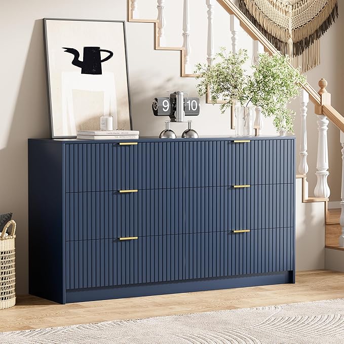 Navy Blue Dresser for Bedroom, Modern Dresser with 6 Drawers and Smooth Slides, Wide Chest of Drawers with Golden Handles for Bedroom, Living Room, Closet, 15.7" D x 55.1" W x 31.4" H