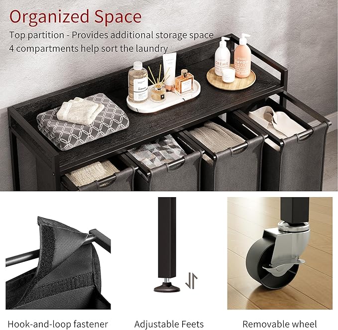 Laundry Hamper with Shelf, Laundry Basket 4 Section, Laundry Sorter with Pull-Out Removable Large Bags and Movable Wheels, Metal Frame, 4 x 15.87 Gallons (60L), Black and Gray PF07XLB