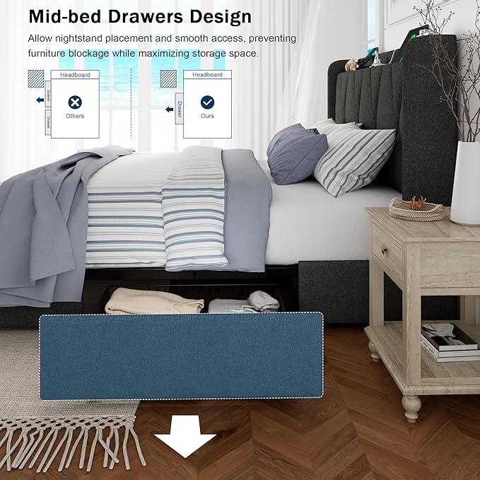 King Size Bed Frame with 4 Storage Drawers, Upholstered Platform Bed with Charging Station, Modern Wingback Storage Headboard, Easy Assembly,Noise-Free, Dark Gray
