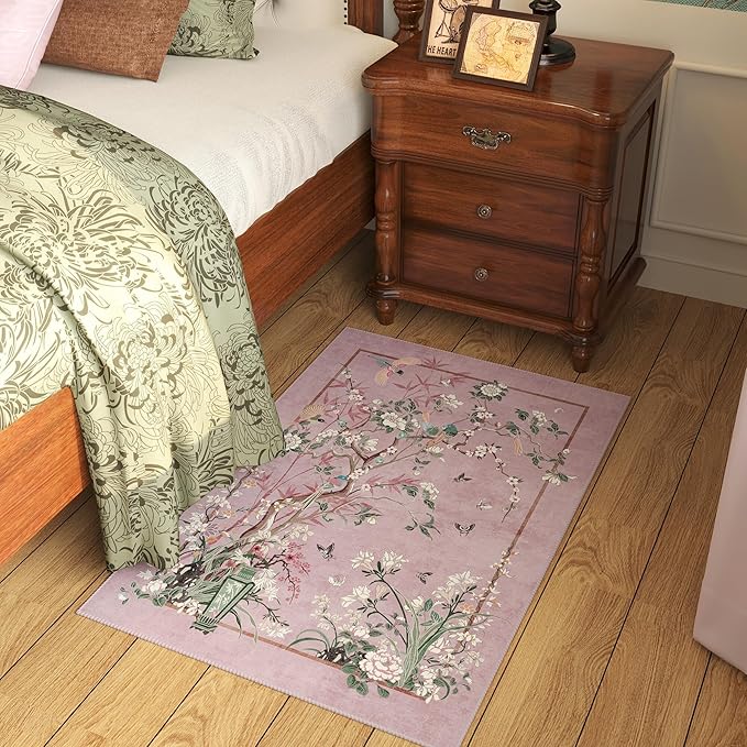 Door Mat Indoor Entrance 2x3 Rug Chinoiserie-Style Floral Vintage Machine Washable Small Area Rug Non-Slip Low Pile Throw Rugs for Entryway, Kitchen, Front Door, Entry, Kids Room, Pink