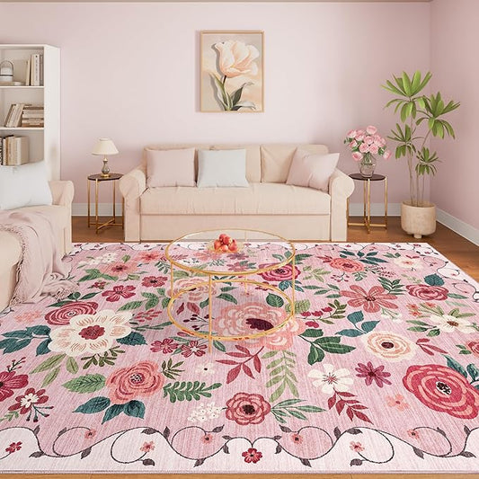 DUKINO 8x10 Area Rug, Floral Rugs for Living Room, Lightweight Non Slip Washable Rug, Indoor Low Pile & Non-Shedding Boho Design Rugs for Bedroom, Living Room, Dining Room, Pink