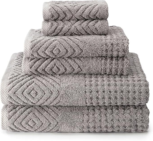 Texere 100% Organic Cotton Diamond Jacquard 700 GSM Luxury Bath Towel Sets - 2 Ultra Soft, Large Bath Towels, 2 Hand Towels, 2 Washcloths (Diamond, Cathedral Gray, 6 Piece)