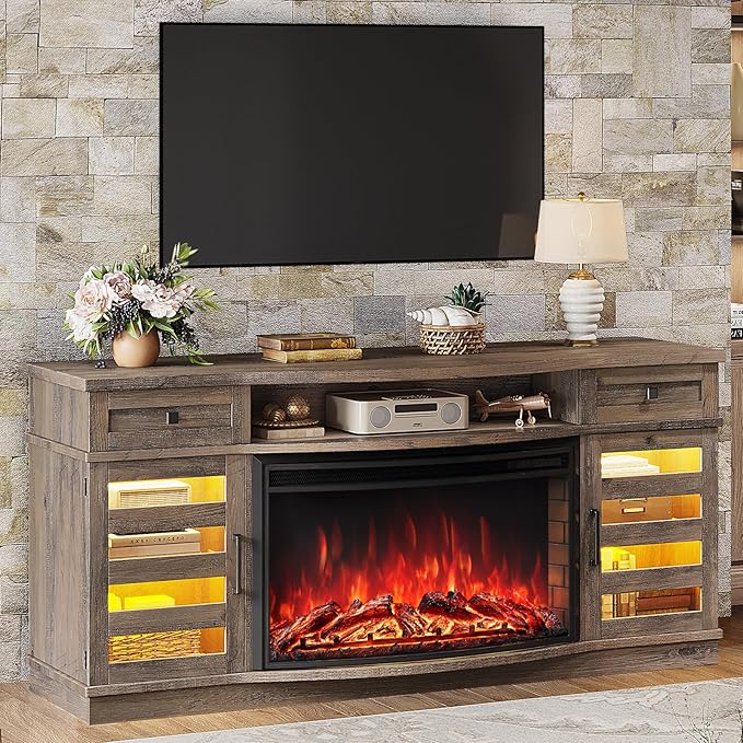 70" Farmhouse Curved Fireplace TV Stand, LED Light Entertainment Center Table with 36'' Upgrade Electric Fireplace TV Console Cabinet for TVs Up to 80", Wash Grey