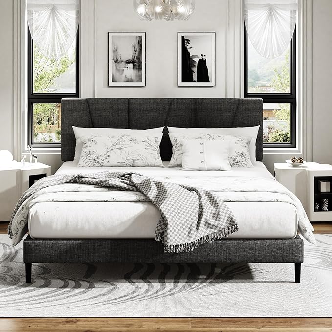 King Size Platform Bed Frame with Modern Upholstered Headboard, Wooden Slats Support, Noise Free, No Box Spring Needed, Easy Assembly, Dark Grey, Linen
