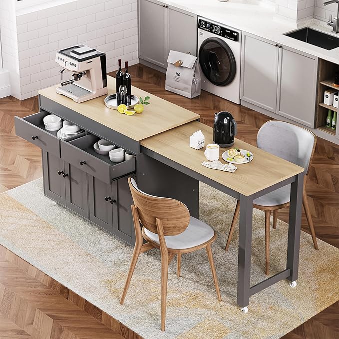 74.5" Rolling Kitchen Island on Wheels with Extendable Dining Table, Storage Cart with 2 Drawers, 4 Door Cabinet, Spice Rack for Kitchen, Dining Room, Grey